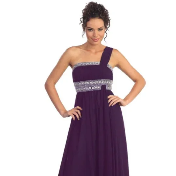 NEW LONG SLEEVELESS A-LINE CHIFFON DRESS EMBROIDERED WITH RHINESTONES GL1015
